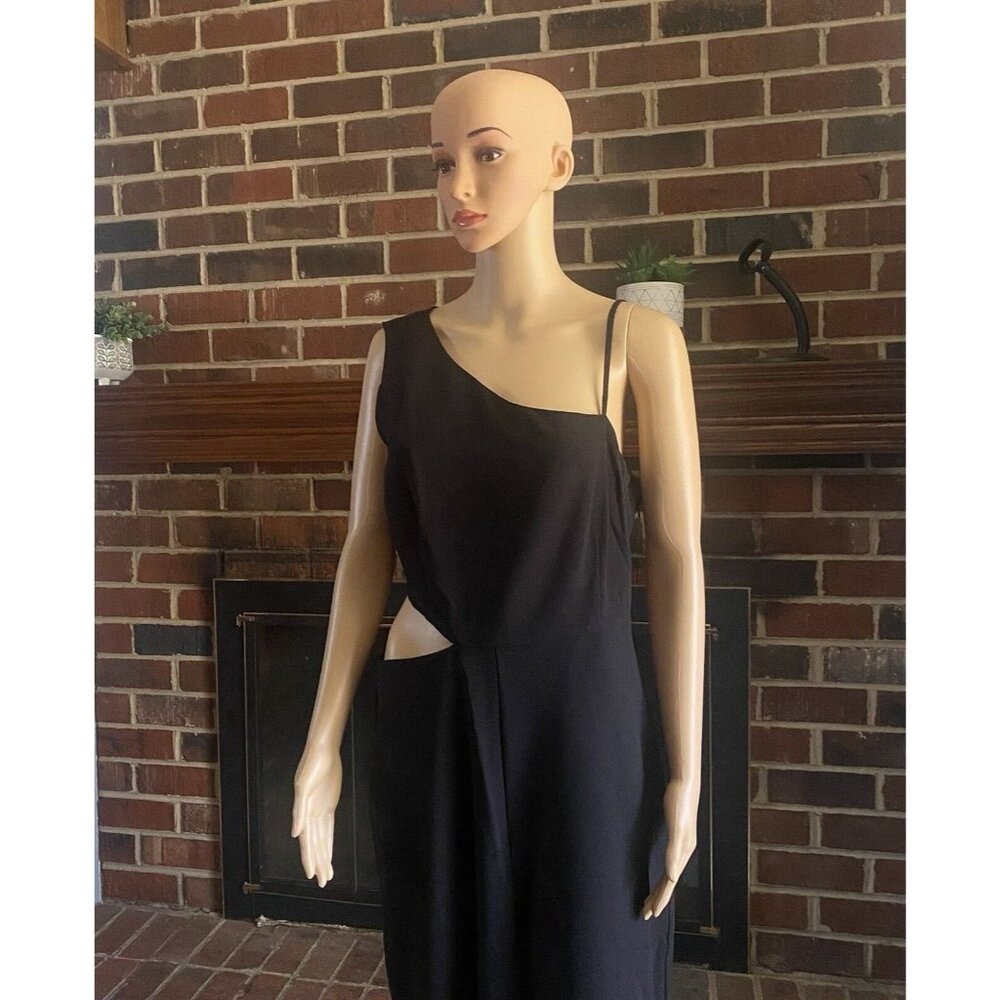 NICOLE MILLER Women’s One Shoulder Side Cut Out Jumpsuit Size 14 Black Zip New - Picture 14 of 16
